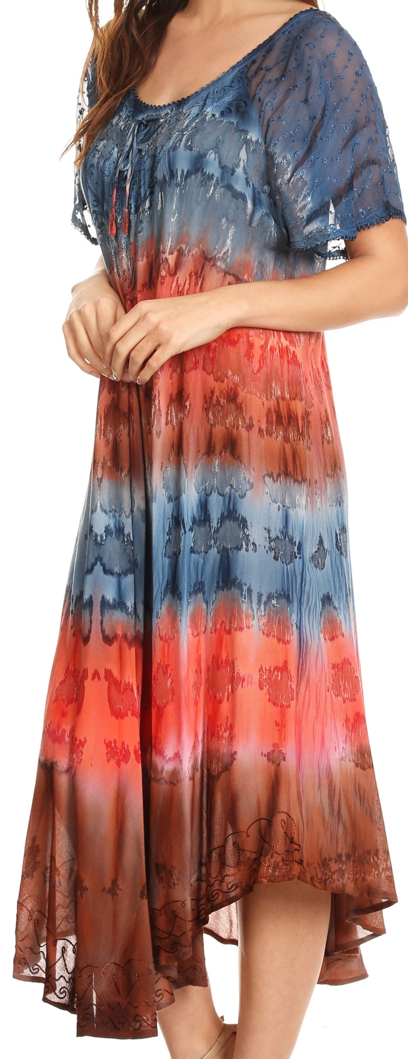 Sakkas Sula Tie-Dye Wide Neck Embroidered Boho Sundress Caftan Cover Up