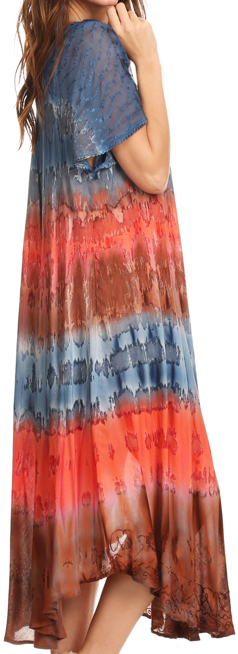 Sakkas Sula Tie-Dye Wide Neck Embroidered Boho Sundress Caftan Cover Up