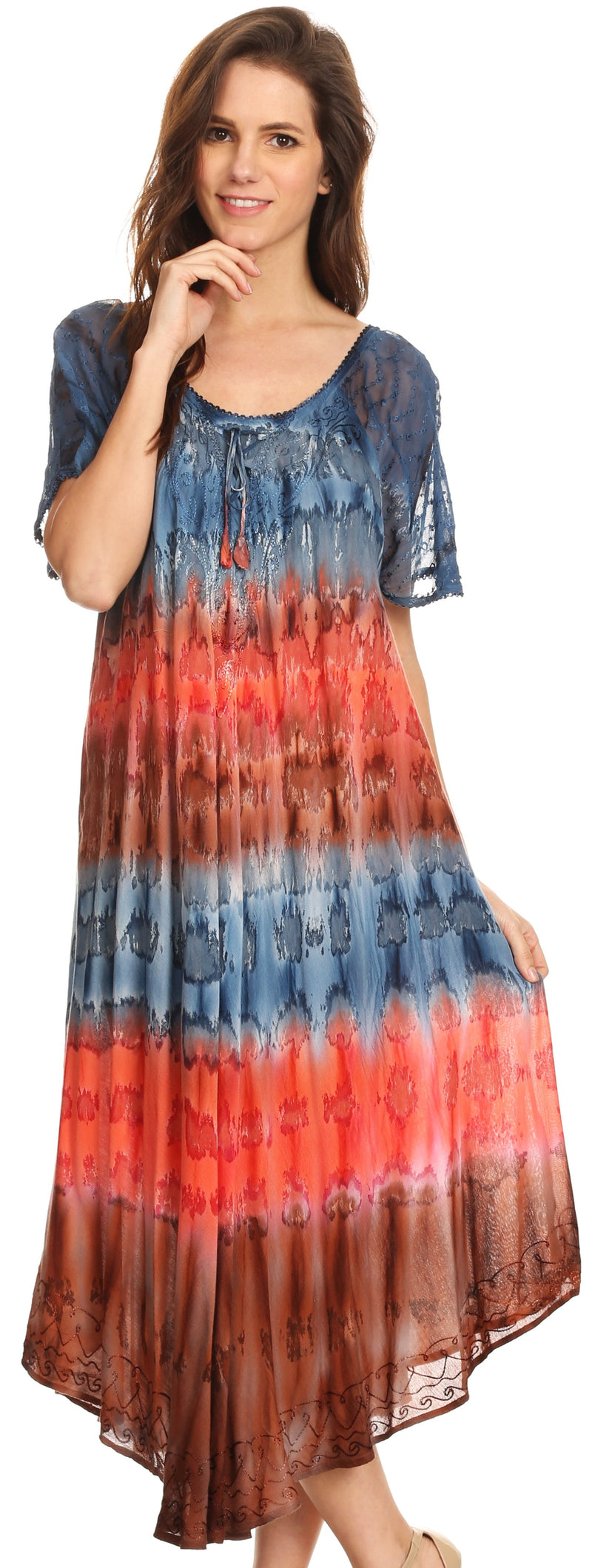 Sakkas Sula Tie-Dye Wide Neck Embroidered Boho Sundress Caftan Cover Up