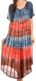 Sakkas Sula Tie-Dye Wide Neck Embroidered Boho Sundress Caftan Cover Up#color_Grey/Coral