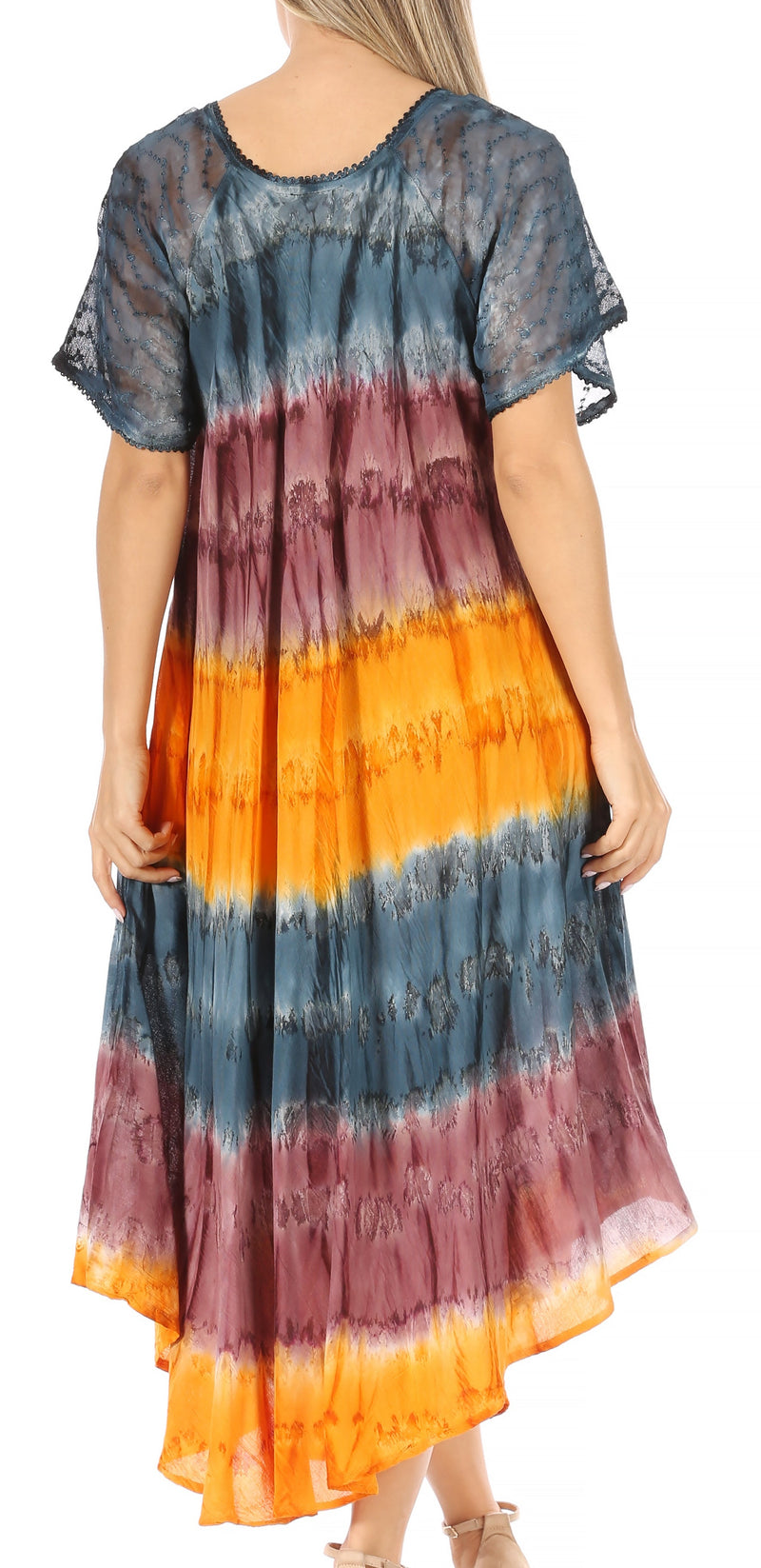 Sakkas Sula Tie-Dye Wide Neck Embroidered Boho Sundress Caftan Cover Up