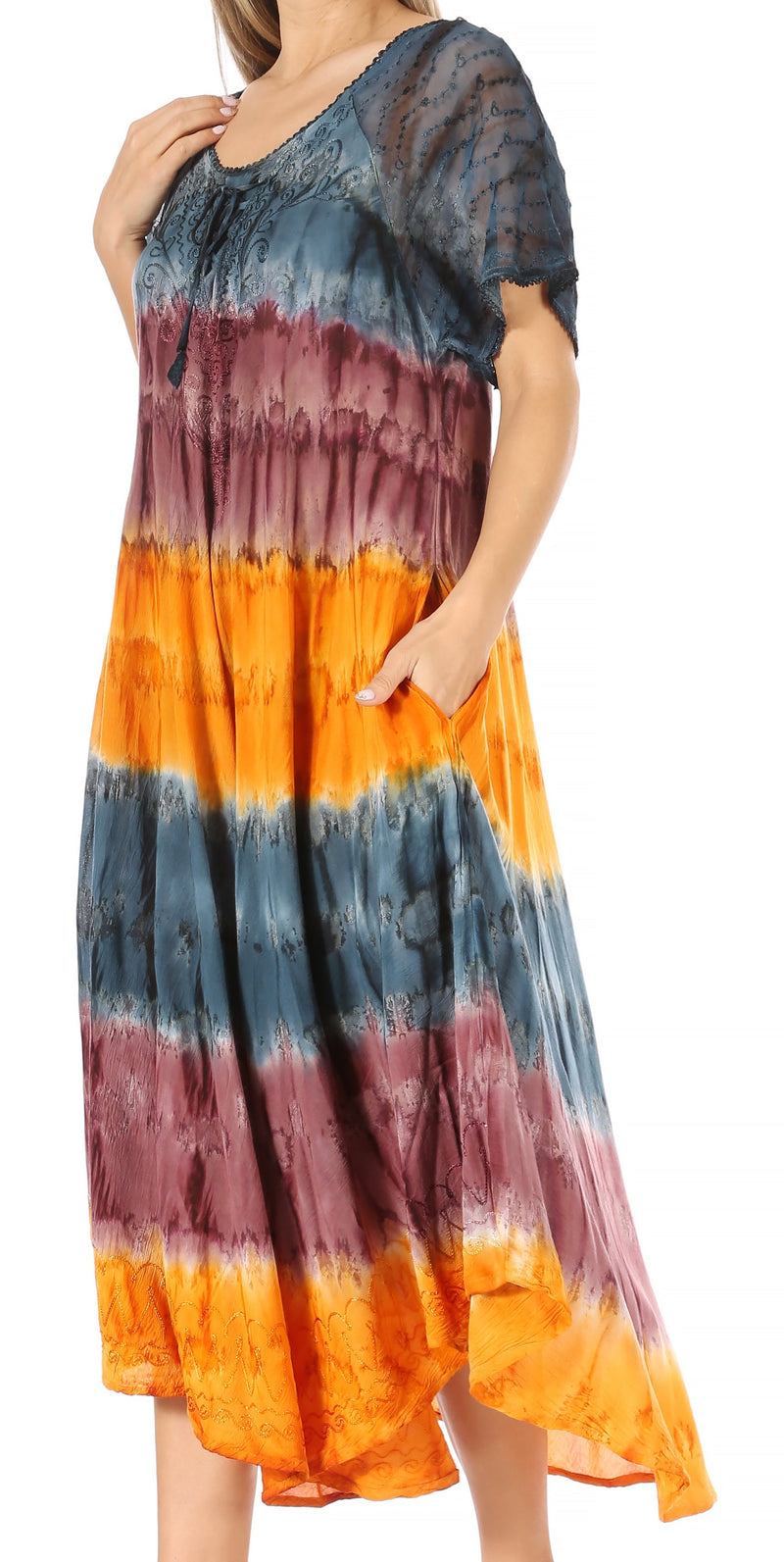 Sakkas Sula Tie-Dye Wide Neck Embroidered Boho Sundress Caftan Cover Up