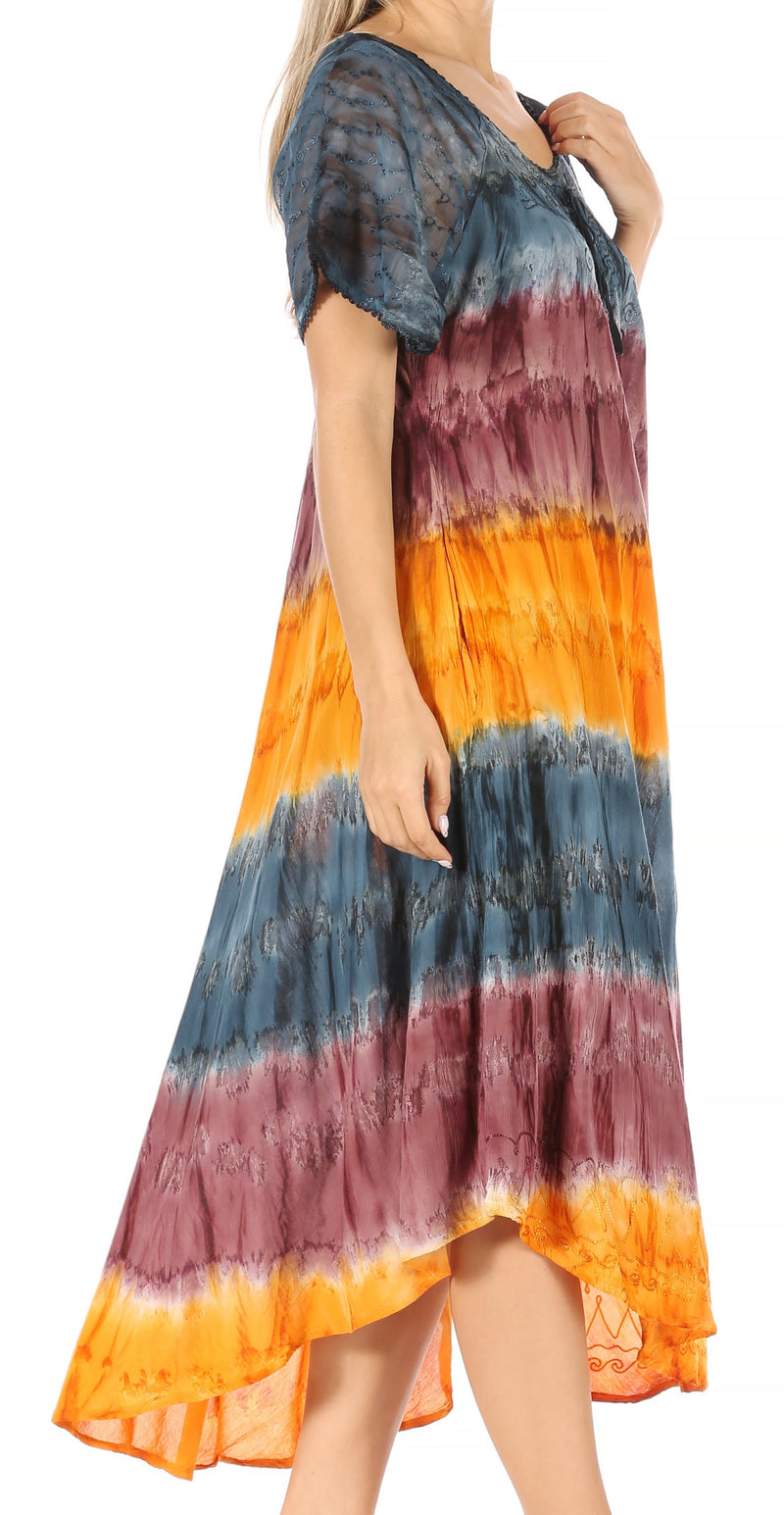 Sakkas Sula Tie-Dye Wide Neck Embroidered Boho Sundress Caftan Cover Up