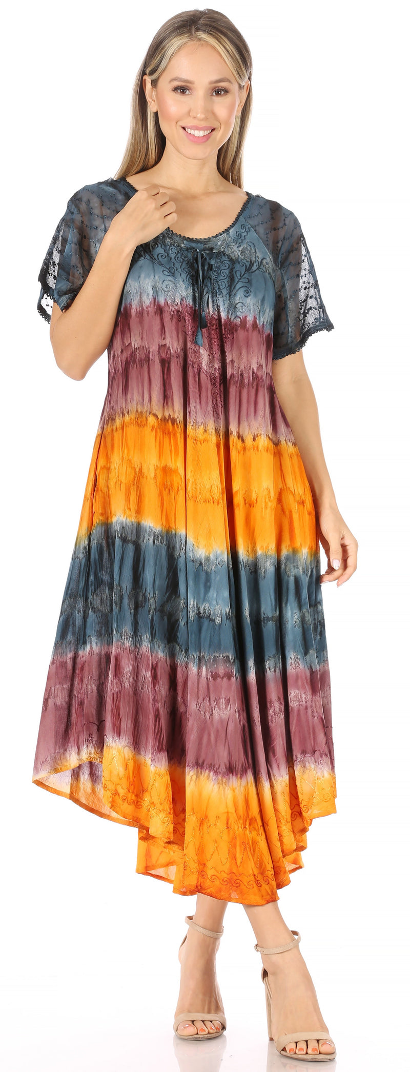 Sakkas Sula Tie-Dye Wide Neck Embroidered Boho Sundress Caftan Cover Up