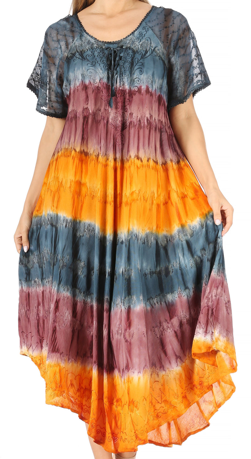 Sakkas Sula Tie-Dye Wide Neck Embroidered Boho Sundress Caftan Cover Up