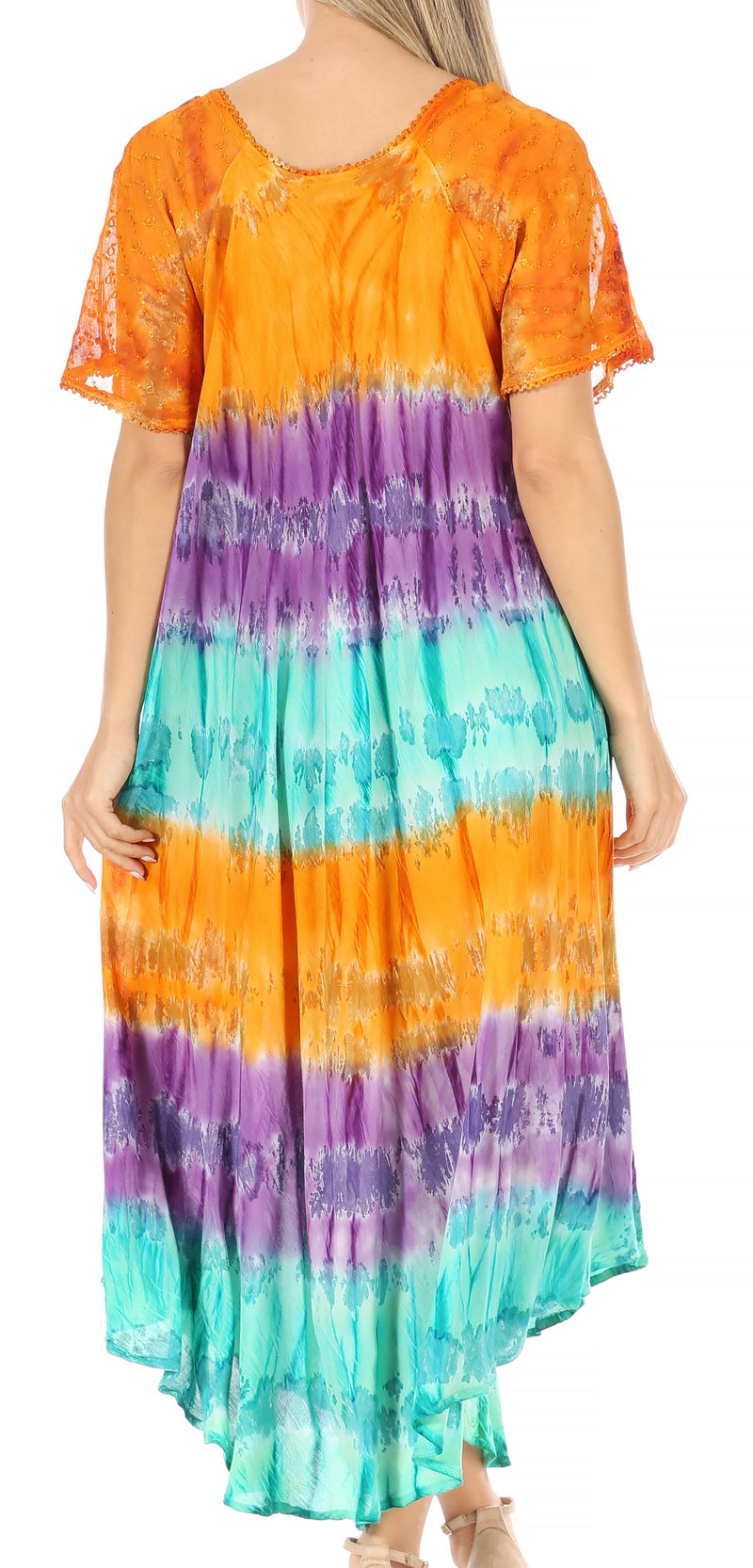 Sakkas Sula Tie-Dye Wide Neck Embroidered Boho Sundress Caftan Cover Up