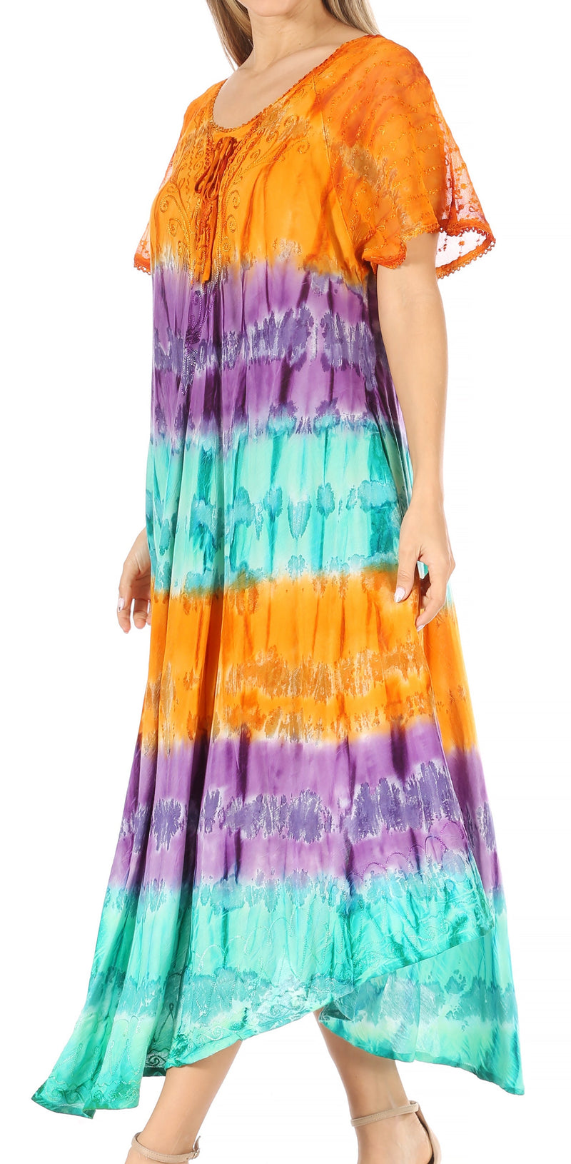 Sakkas Sula Tie-Dye Wide Neck Embroidered Boho Sundress Caftan Cover Up