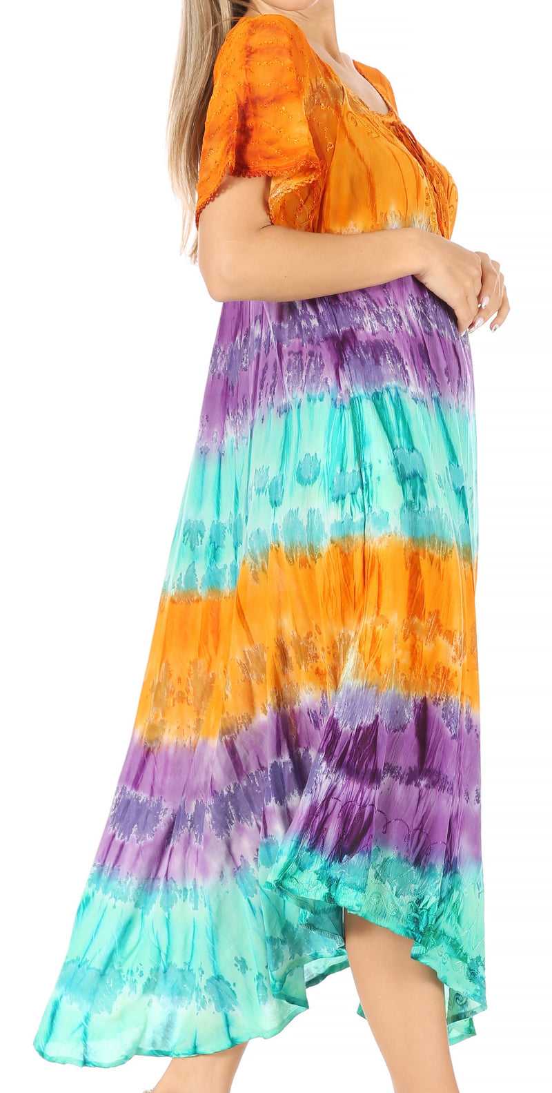 Sakkas Sula Tie-Dye Wide Neck Embroidered Boho Sundress Caftan Cover Up