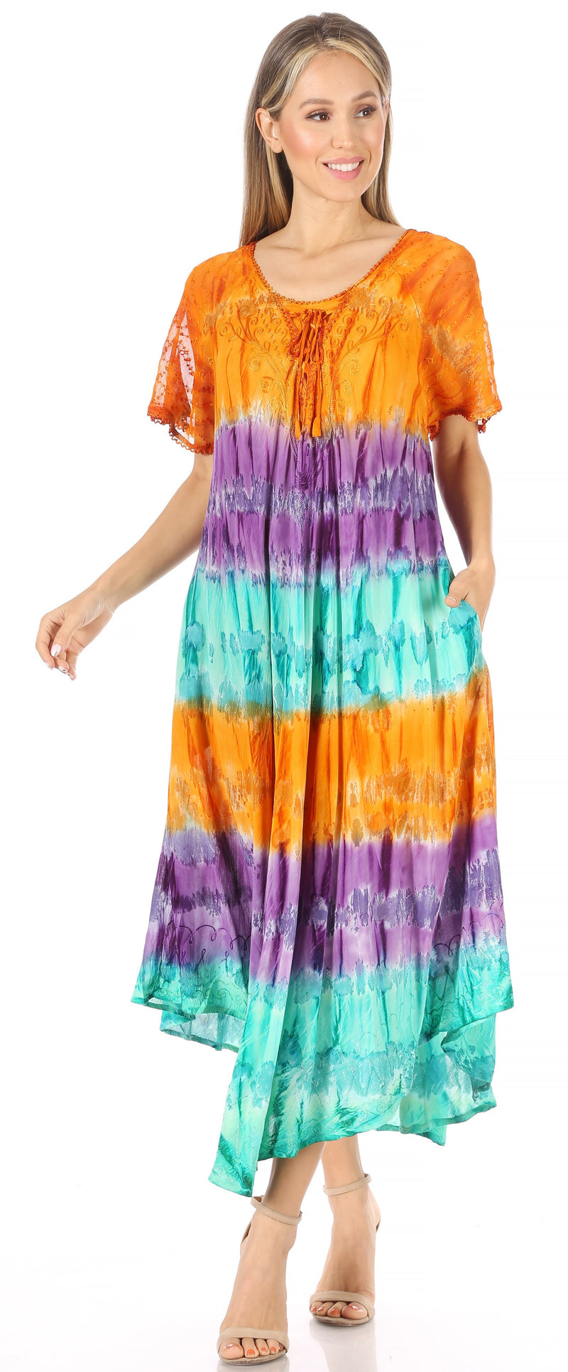 Sakkas Sula Tie-Dye Wide Neck Embroidered Boho Sundress Caftan Cover Up