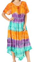 Sakkas Sula Tie-Dye Wide Neck Embroidered Boho Sundress Caftan Cover Up#color_Orange/Mint