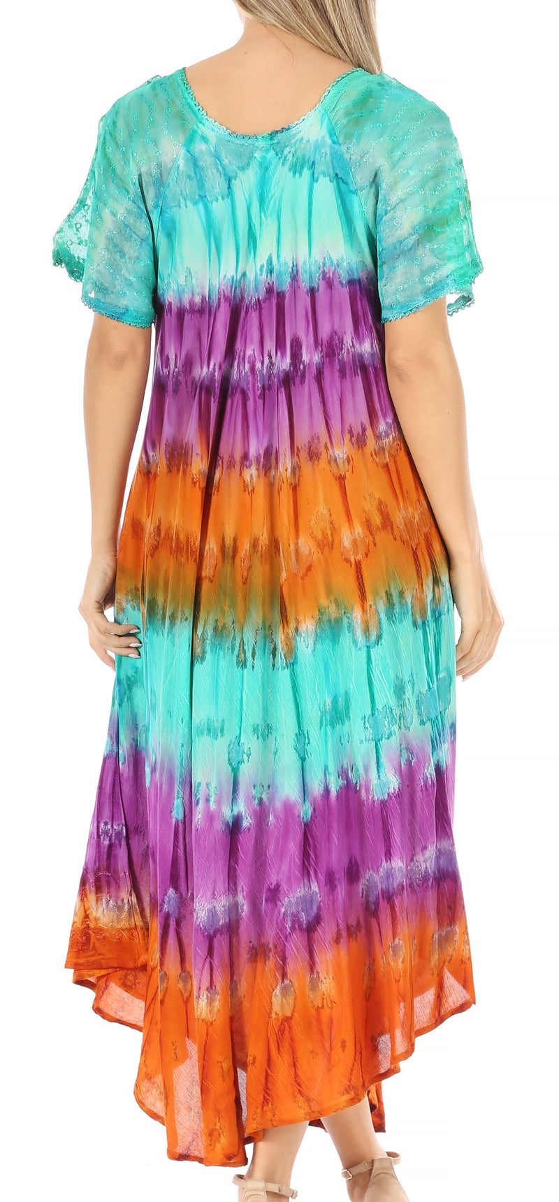 Sakkas Sula Tie-Dye Wide Neck Embroidered Boho Sundress Caftan Cover Up