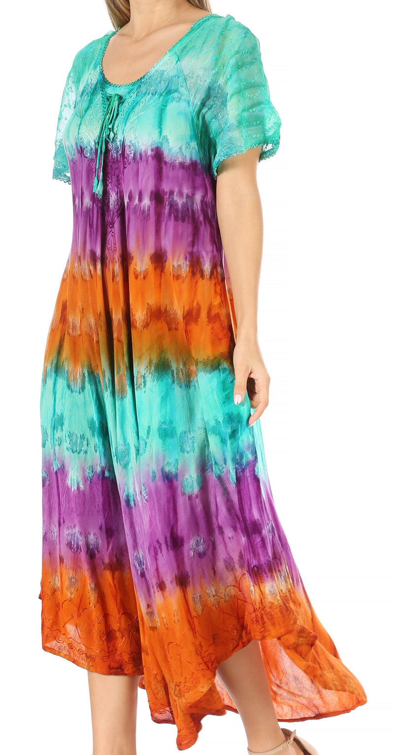 Sakkas Sula Tie-Dye Wide Neck Embroidered Boho Sundress Caftan Cover Up