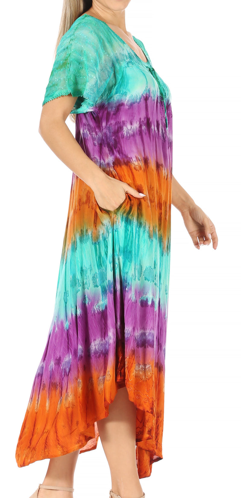 Sakkas Sula Tie-Dye Wide Neck Embroidered Boho Sundress Caftan Cover Up