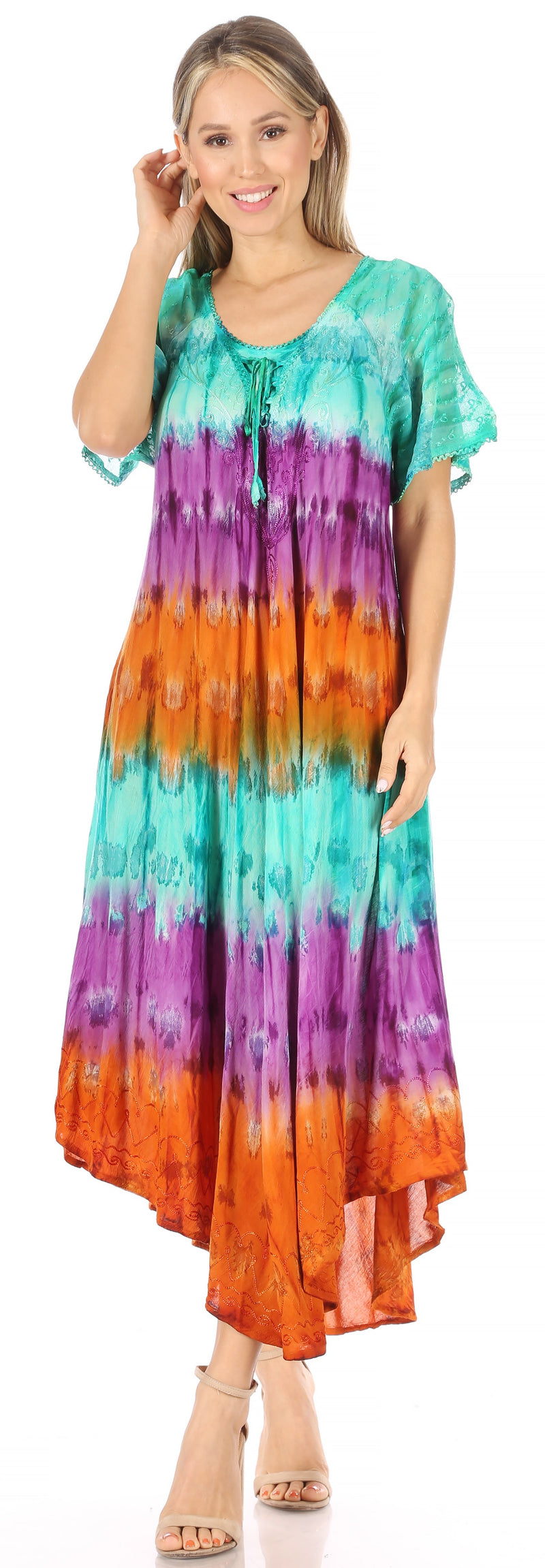 Sakkas Sula Tie-Dye Wide Neck Embroidered Boho Sundress Caftan Cover Up