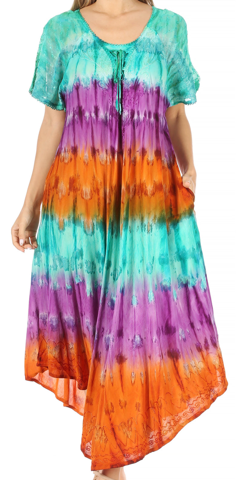 Sakkas Sula Tie-Dye Wide Neck Embroidered Boho Sundress Caftan Cover Up