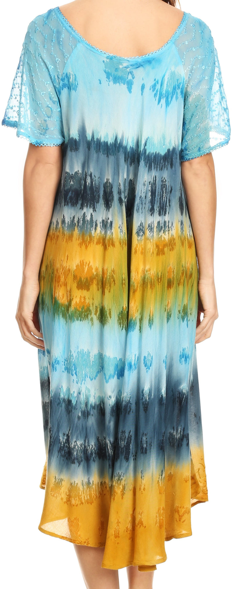 Sakkas Sula Tie-Dye Wide Neck Embroidered Boho Sundress Caftan Cover Up