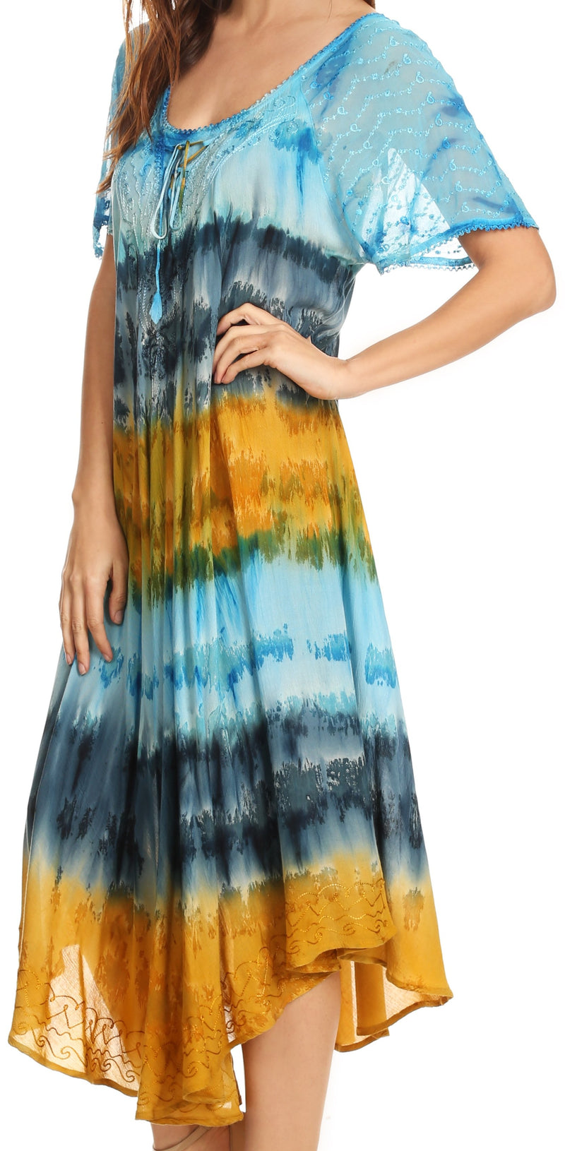 Sakkas Sula Tie-Dye Wide Neck Embroidered Boho Sundress Caftan Cover Up