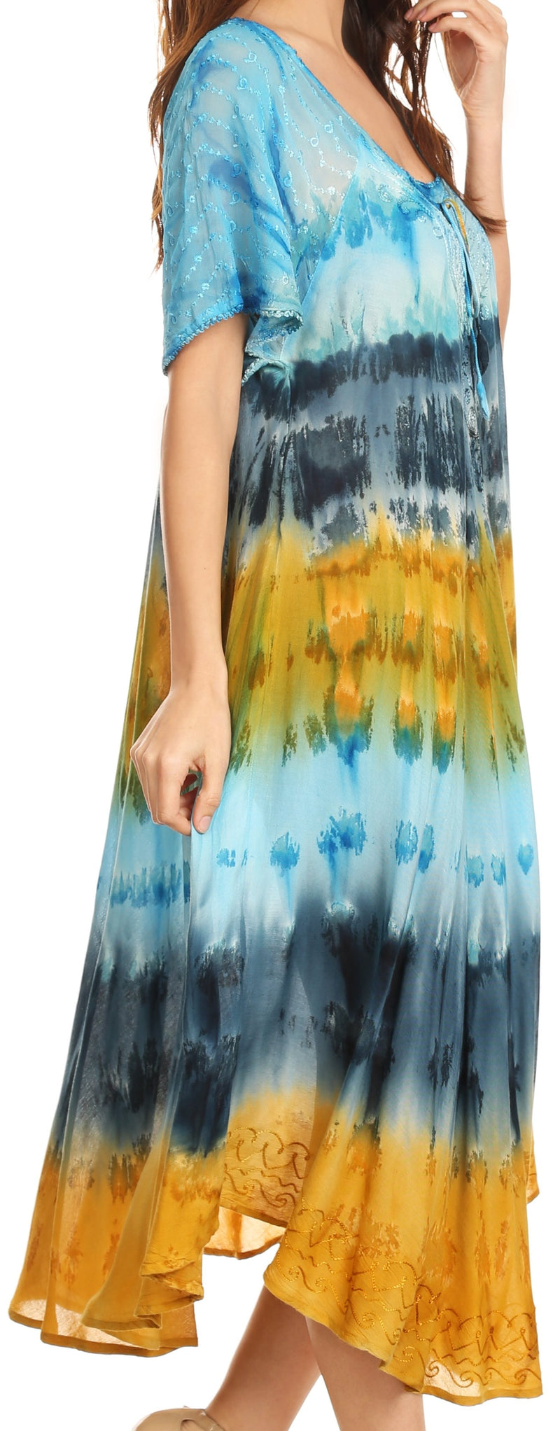 Sakkas Sula Tie-Dye Wide Neck Embroidered Boho Sundress Caftan Cover Up