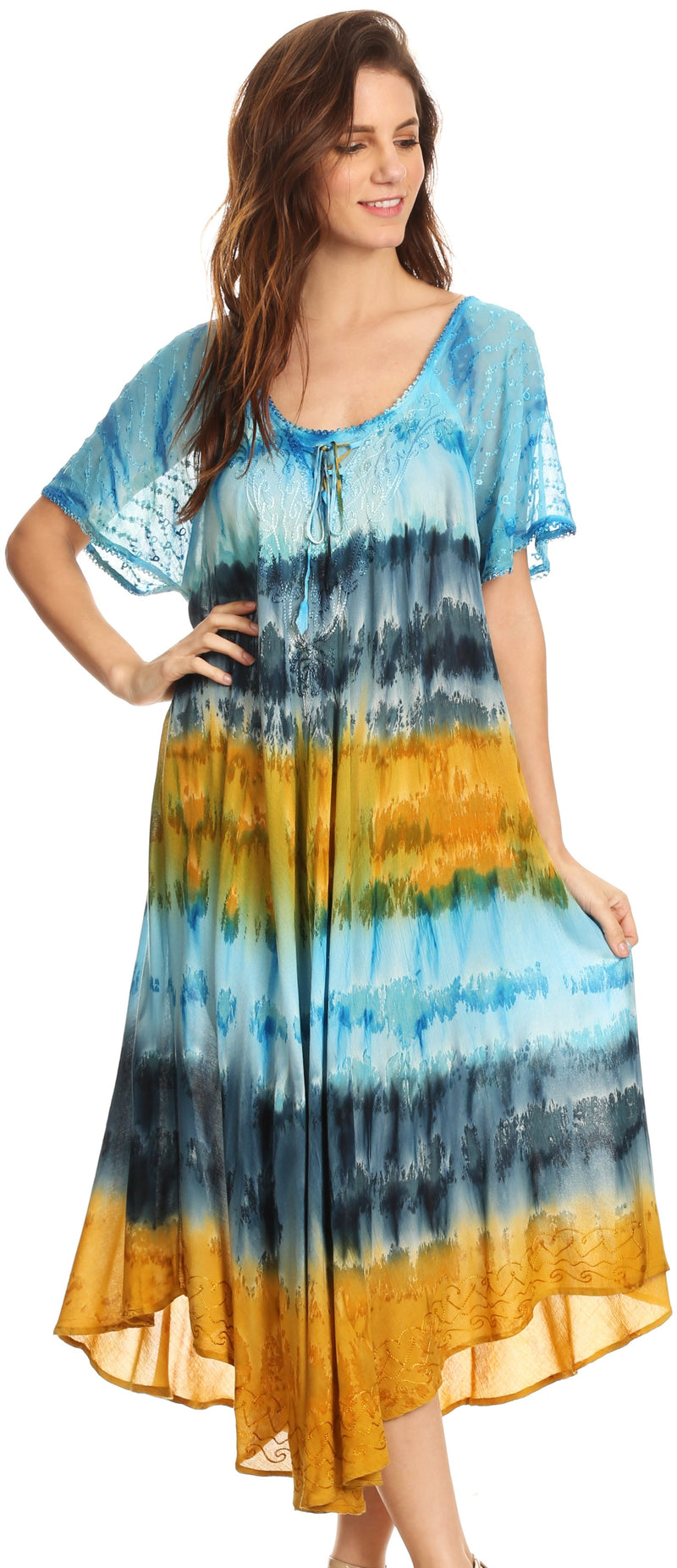 Sakkas Sula Tie-Dye Wide Neck Embroidered Boho Sundress Caftan Cover Up