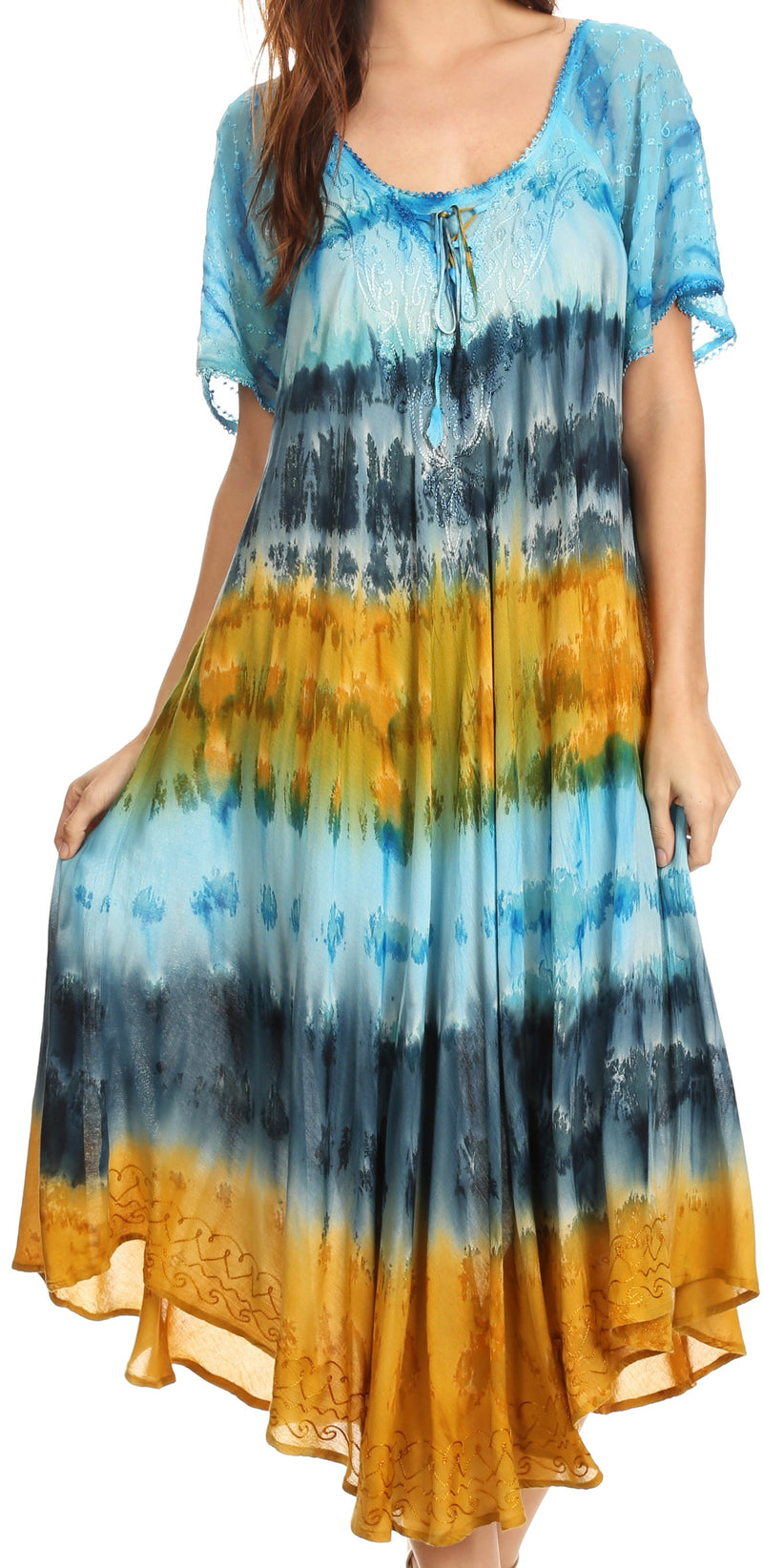 Sakkas Sula Tie-Dye Wide Neck Embroidered Boho Sundress Caftan Cover Up