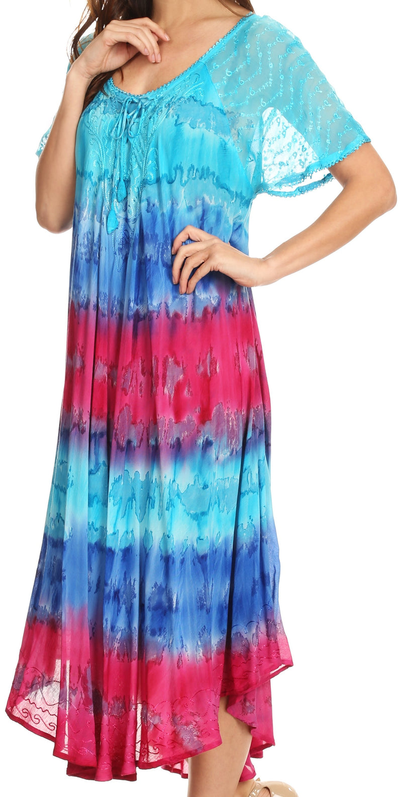 Sakkas Sula Tie-Dye Wide Neck Embroidered Boho Sundress Caftan Cover Up