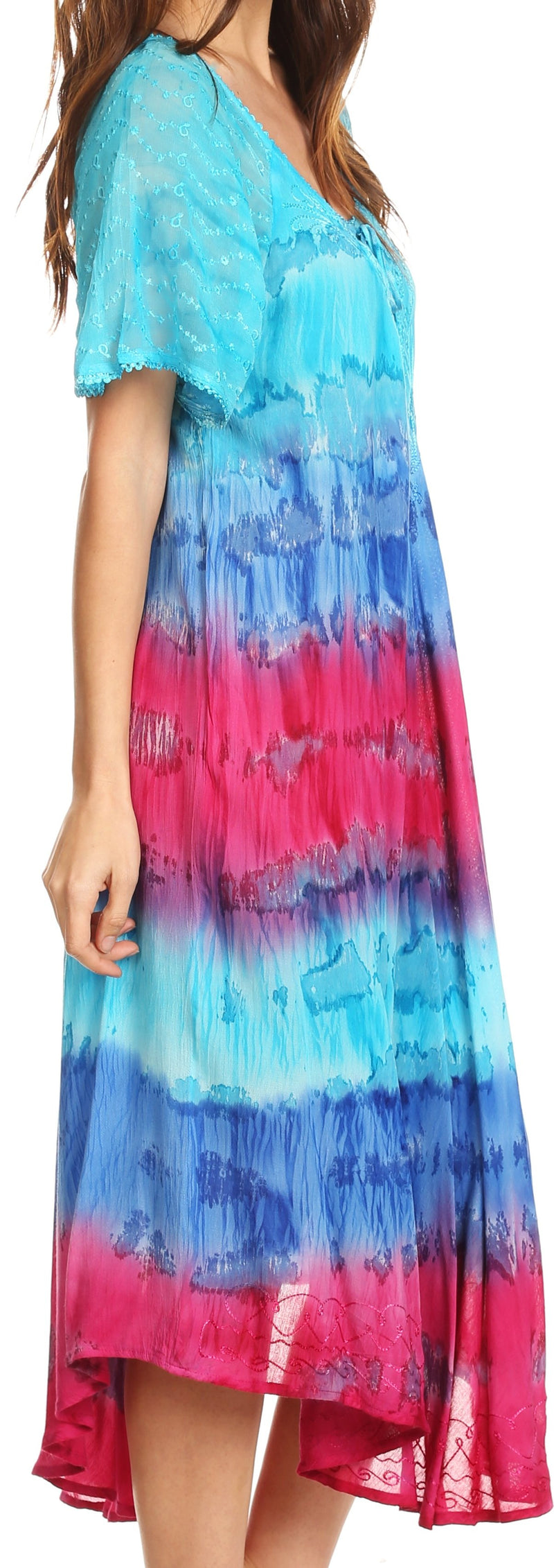 Sakkas Sula Tie-Dye Wide Neck Embroidered Boho Sundress Caftan Cover Up