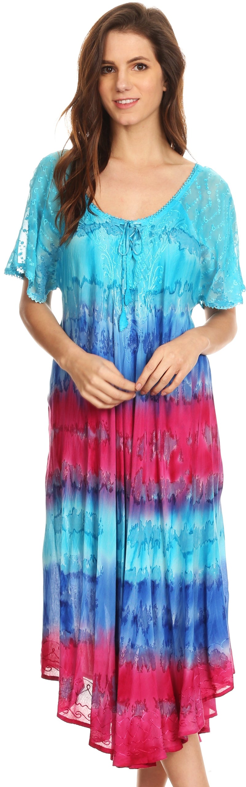 Sakkas Sula Tie-Dye Wide Neck Embroidered Boho Sundress Caftan Cover Up