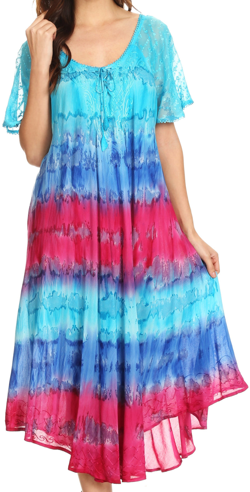 Sakkas Sula Tie-Dye Wide Neck Embroidered Boho Sundress Caftan Cover Up