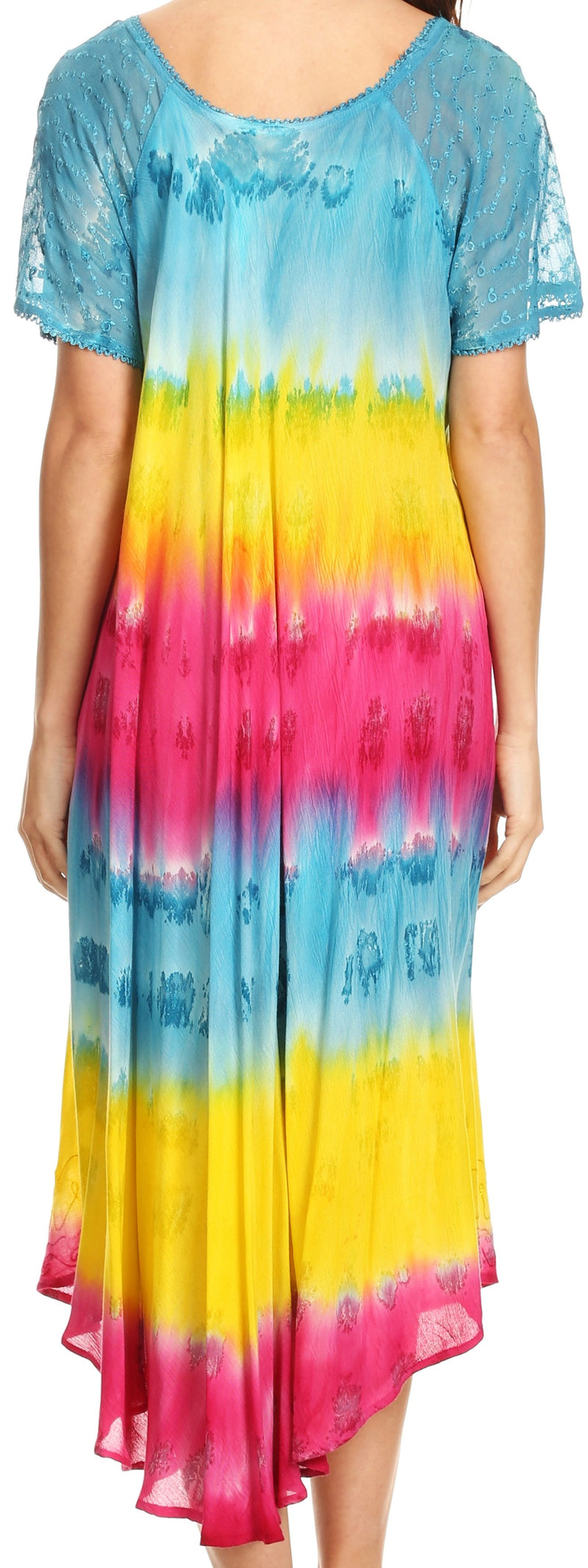 Sakkas Sula Tie-Dye Wide Neck Embroidered Boho Sundress Caftan Cover Up