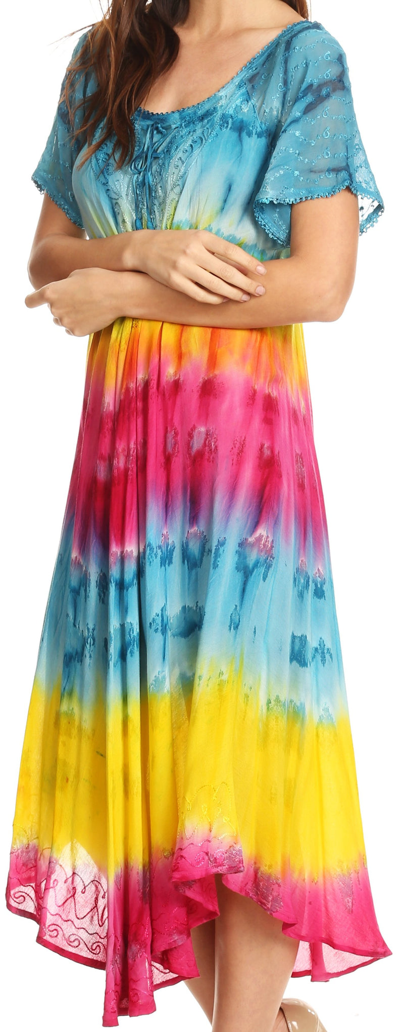 Sakkas Sula Tie-Dye Wide Neck Embroidered Boho Sundress Caftan Cover Up