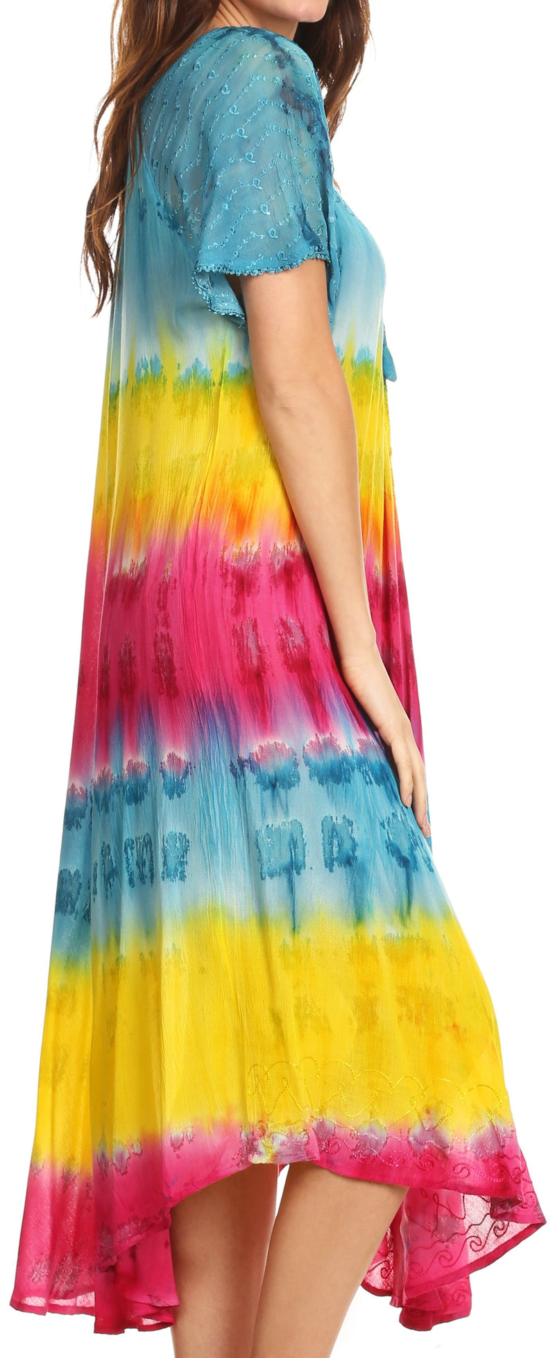 Sakkas Sula Tie-Dye Wide Neck Embroidered Boho Sundress Caftan Cover Up