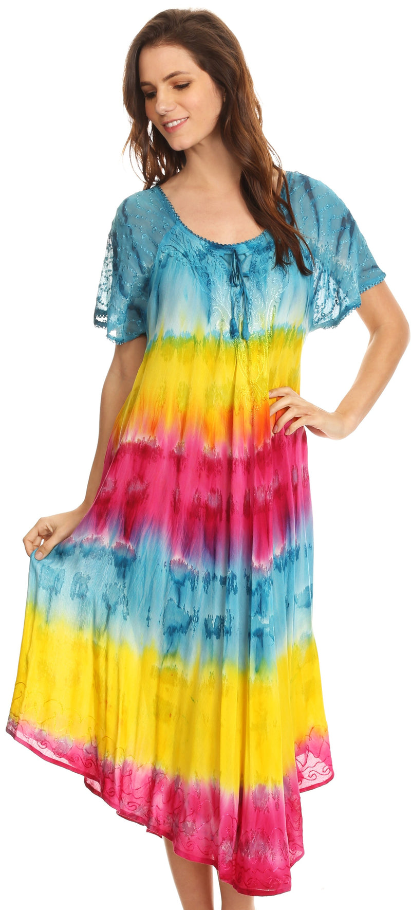 Sakkas Sula Tie-Dye Wide Neck Embroidered Boho Sundress Caftan Cover Up