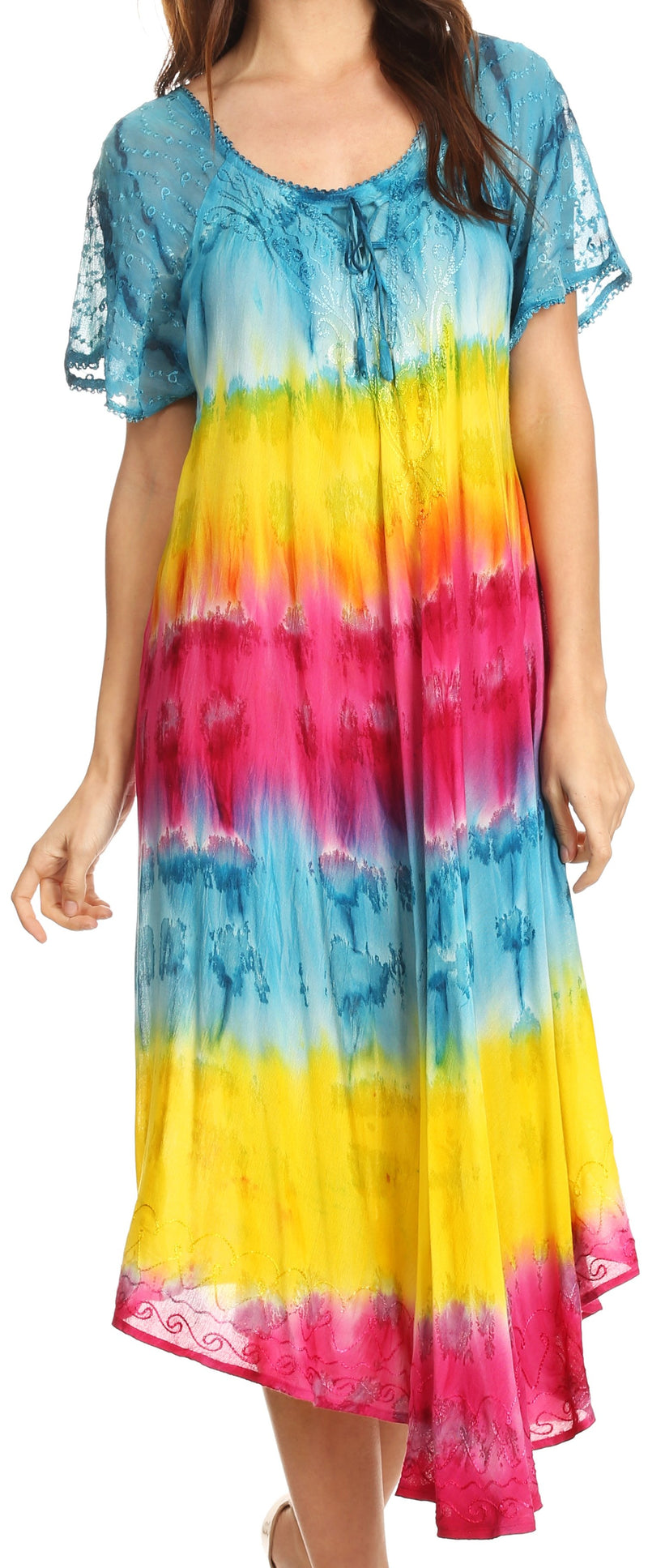 Sakkas Sula Tie-Dye Wide Neck Embroidered Boho Sundress Caftan Cover Up