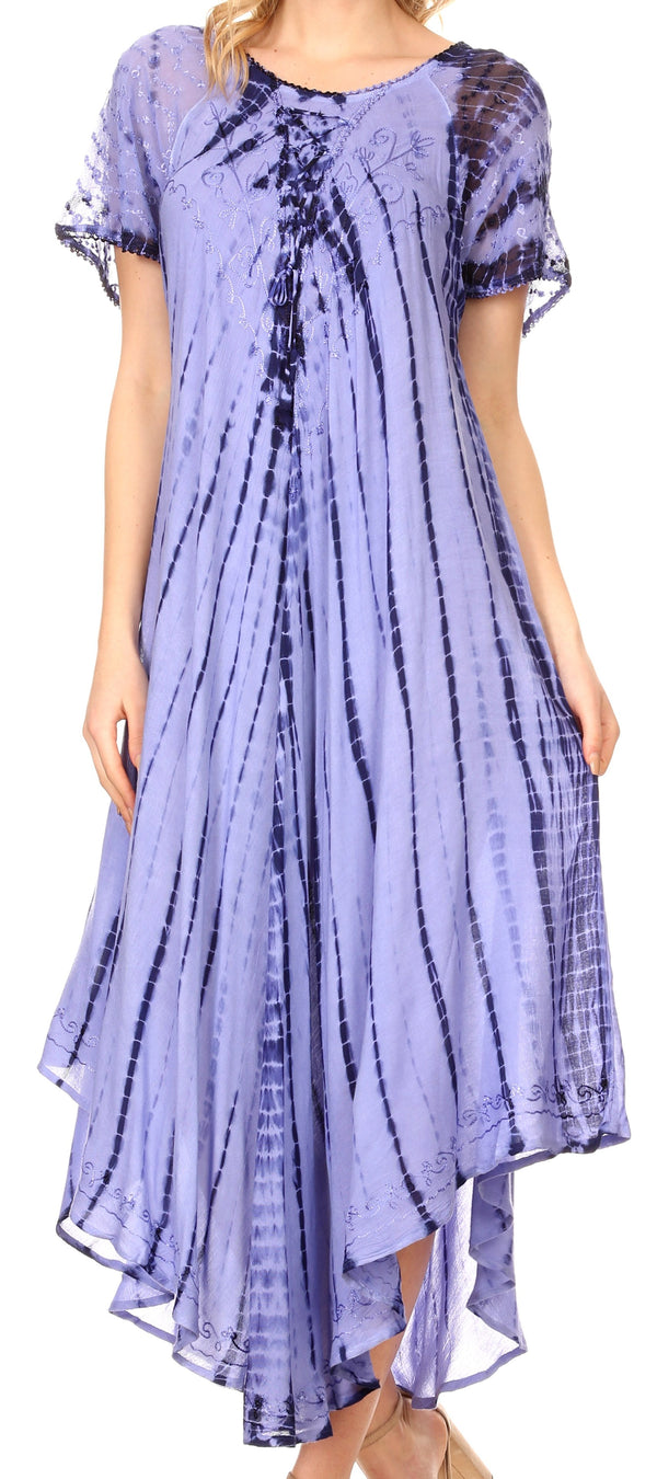 Sakkas Yasmin Tie Dye Embroidered Sheer Cap Sleeve Sundress | Cover Up#color_Blue
