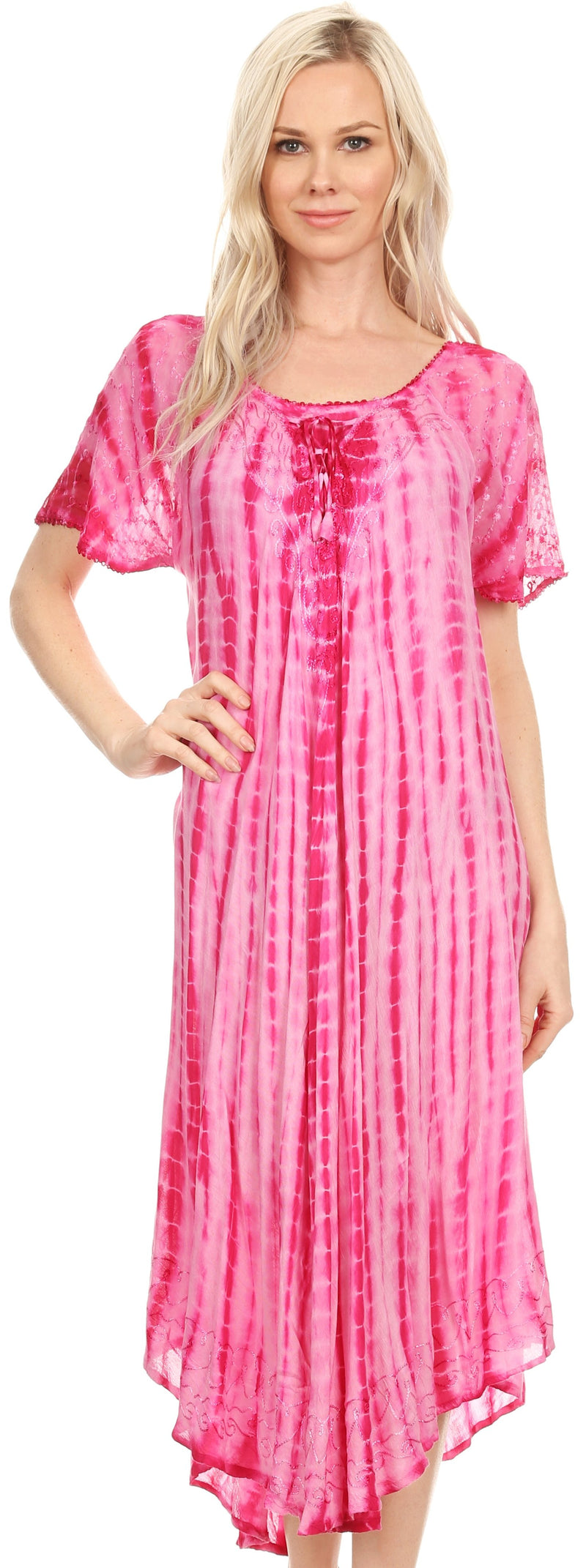 Sakkas Yasmin Tie Dye Embroidered Sheer Cap Sleeve Sundress | Cover Up