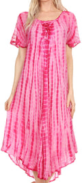 Sakkas Yasmin Tie Dye Embroidered Sheer Cap Sleeve Sundress | Cover Up#color_Fucshia