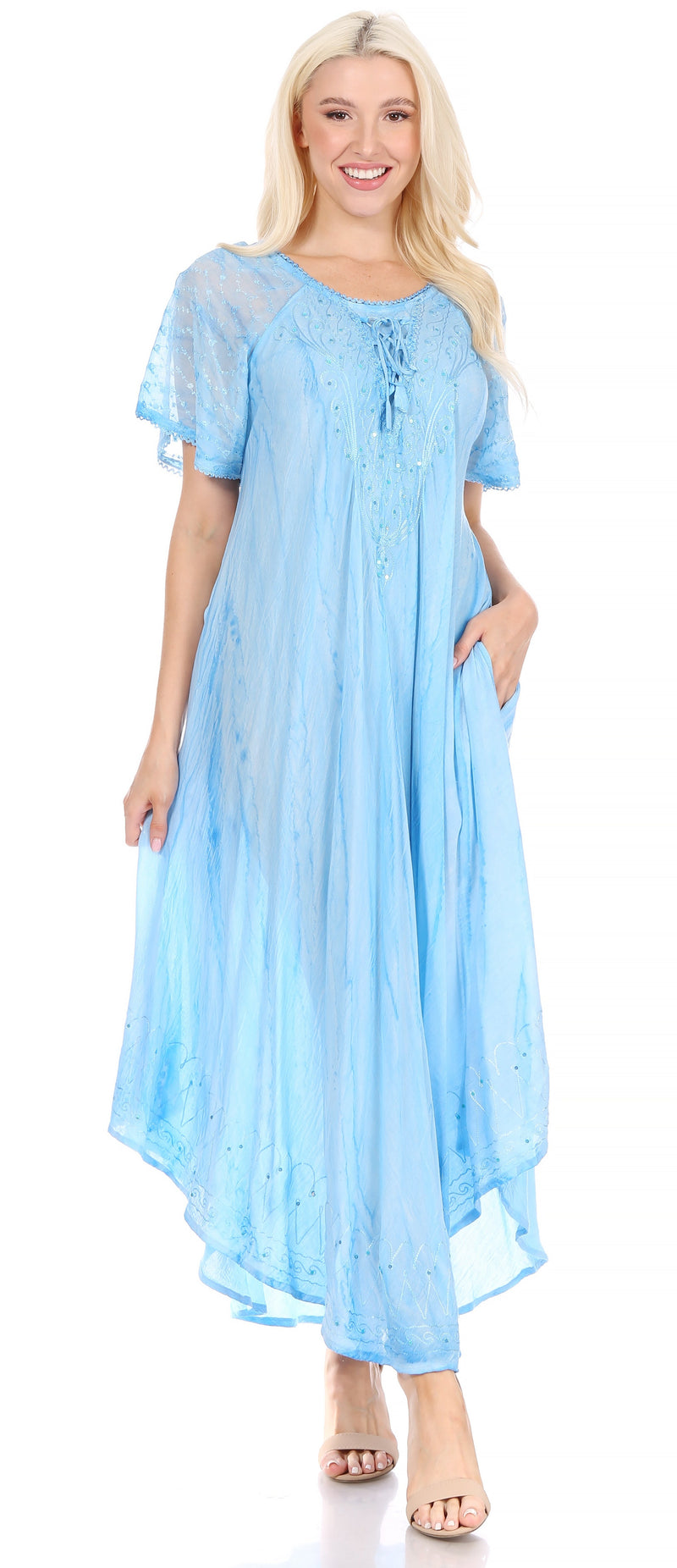 Sakkas Myani Two Tone Embroidered Sheer Cap Sleeve Caftan Long Dress | Cover Up