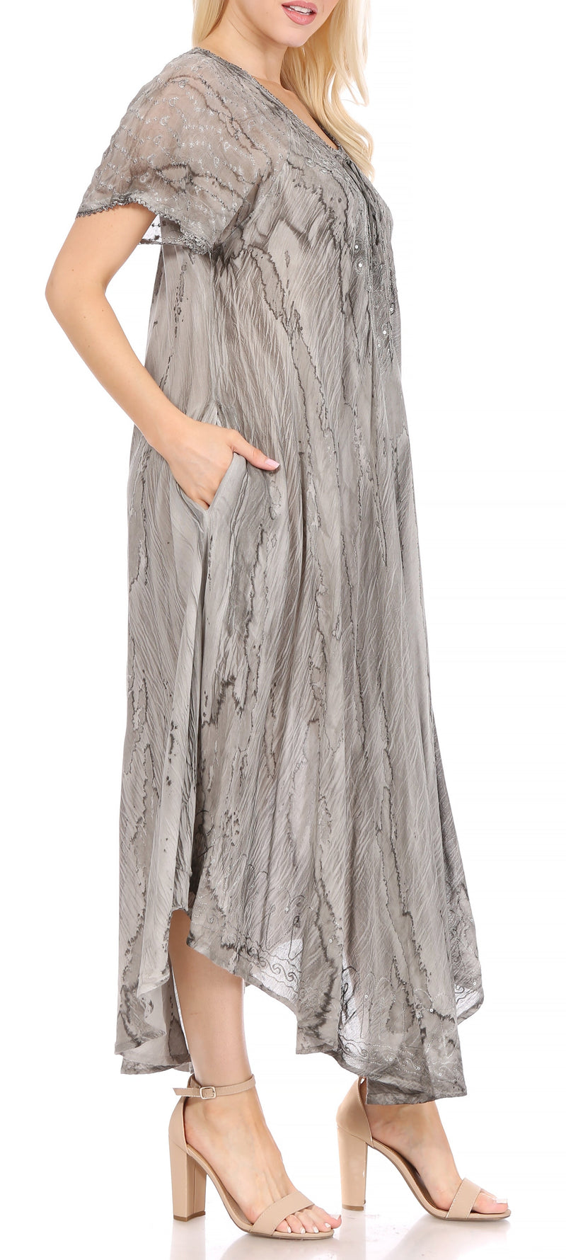 Sakkas Myani Two Tone Embroidered Sheer Cap Sleeve Caftan Long Dress | Cover Up