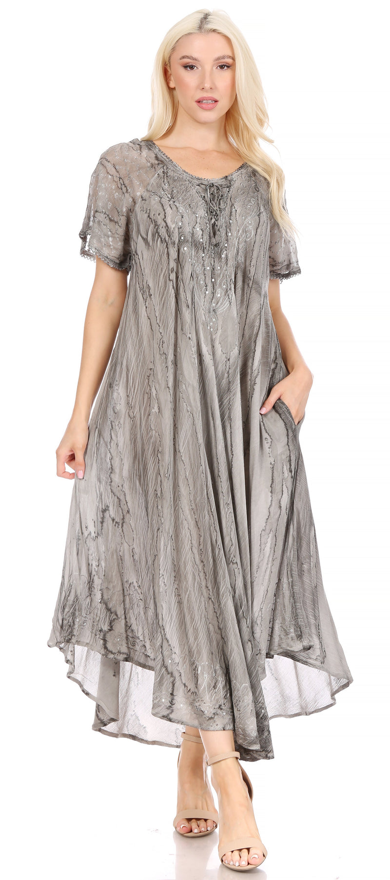 Sakkas Myani Two Tone Embroidered Sheer Cap Sleeve Caftan Long Dress | Cover Up