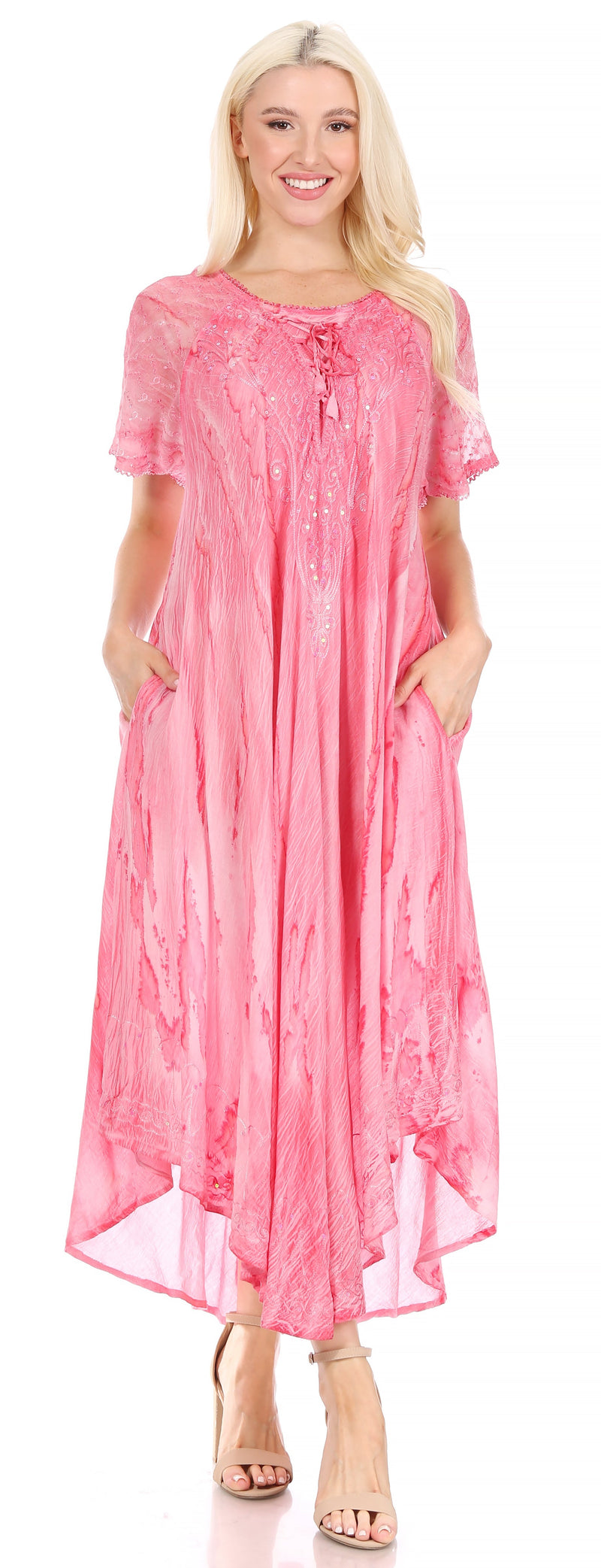 Sakkas Myani Two Tone Embroidered Sheer Cap Sleeve Caftan Long Dress | Cover Up