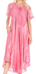 Sakkas Myani Two Tone Embroidered Sheer Cap Sleeve Caftan Long Dress | Cover Up#color_Pink