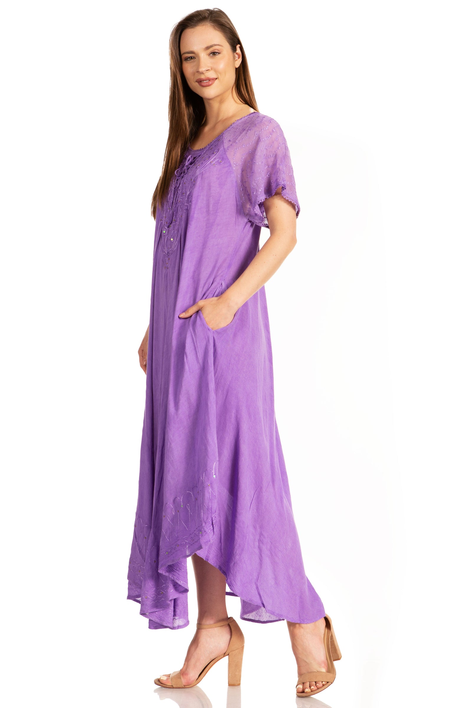 Sakkas Myani Two Tone Embroidered Sheer Cap Sleeve Caftan Long Dress
