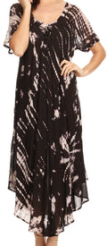 Sakkas Ria Tie Dye Embroidered Cap Sleeve Wide Neck Caftan Dress / Beach Cover Up#color_Black 