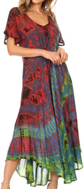 Sakkas Ria Tie Dye Embroidered Cap Sleeve Wide Neck Caftan Dress / Beach Cover Up#color_Multi 