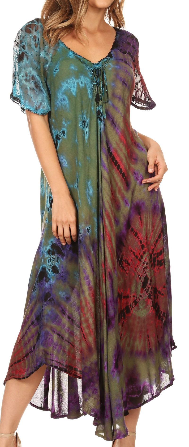 Sakkas Ria Tie Dye Embroidered Cap Sleeve Wide Neck Caftan Dress / Beach Cover Up