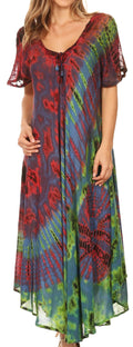 Sakkas Ria Tie Dye Embroidered Cap Sleeve Wide Neck Caftan Dress / Beach Cover Up#color_Olive 