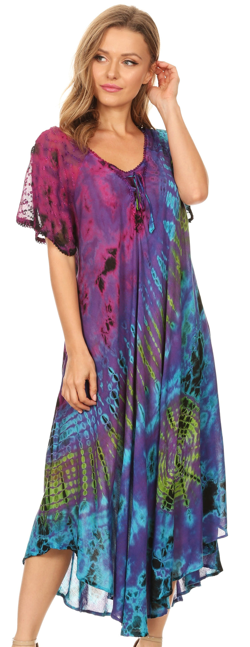 Sakkas Ria Tie Dye Embroidered Cap Sleeve Wide Neck Caftan Dress / Bea