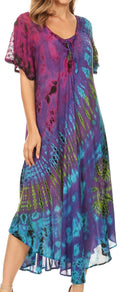 Sakkas Ria Tie Dye Embroidered Cap Sleeve Wide Neck Caftan Dress / Beach Cover Up#color_Purple 