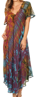 Sakkas Ria Tie Dye Embroidered Cap Sleeve Wide Neck Caftan Dress / Beach Cover Up#color_Red 