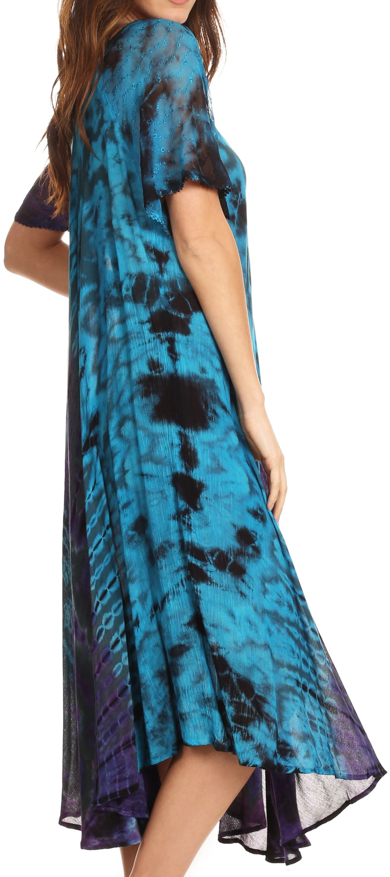Sakkas Ria Tie Dye Embroidered Cap Sleeve Wide Neck Caftan Dress / Beach Cover Up
